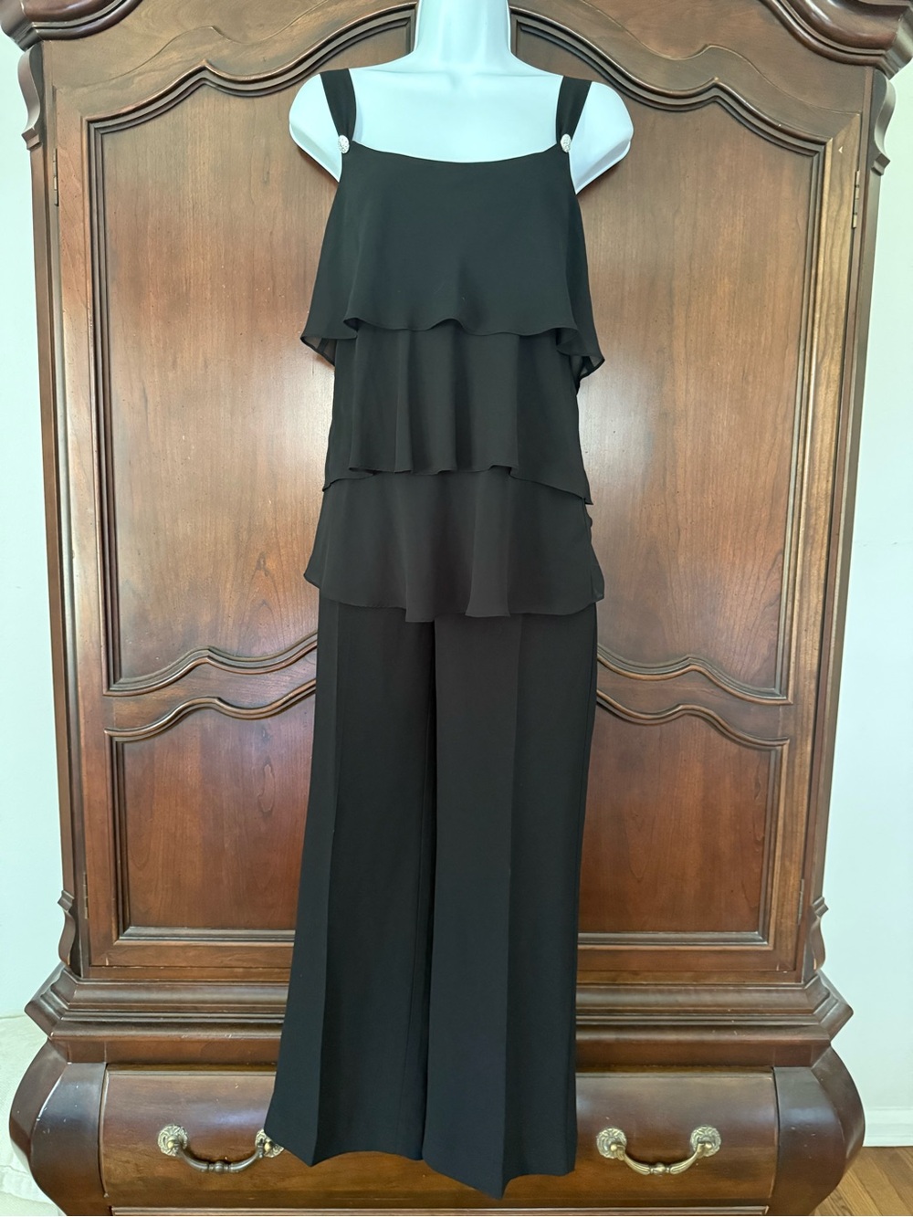 Maggy London Womens 4 Black Chiffon Tiered Top Pants 2 Piece Evening Set